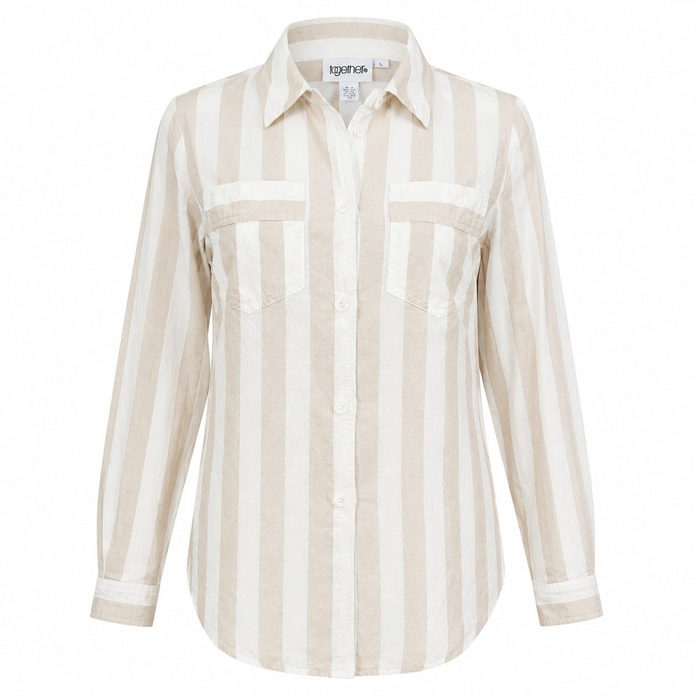 Together Womens Linen Blend Striped Button Down Shirt Tan White Smocked Back L